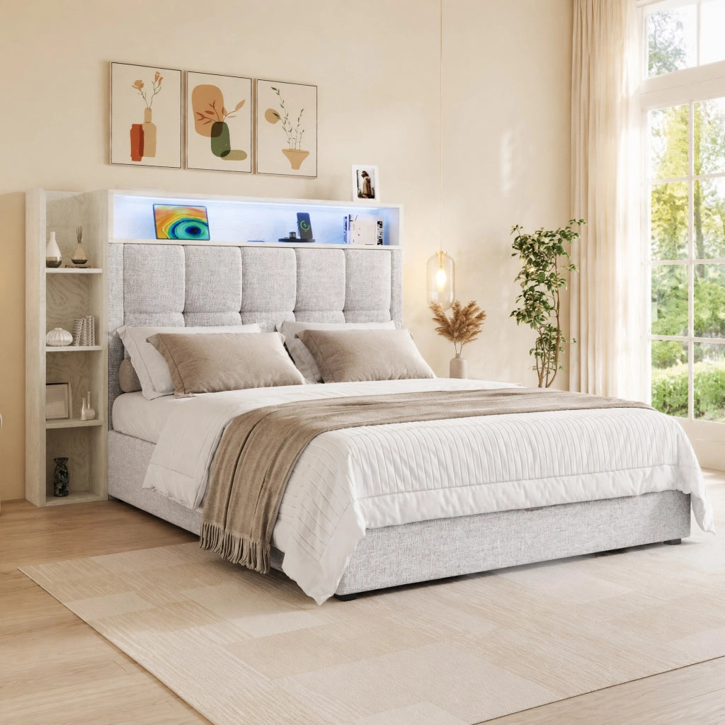 DESMIU Letto contenitore 90 × 200 cm 1 piazza con USB, Type-C, LED e vano idraulico, senza materasso, beige