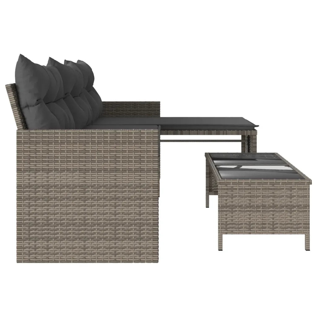 Divano da Giardino con Tavolo e Cuscini a L Grigio Polyrattan 365574