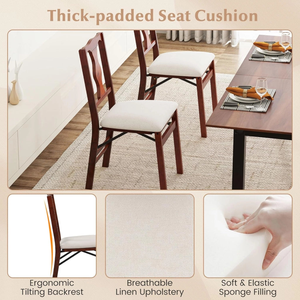 Set 2 Sedie da Pranzo Pieghevoli Imbottite, Struttura in Legno di Gomma, Rivestimento in Lino, Portata 160 kg, Salvaspazio per Cucina e Sala da Pranzo