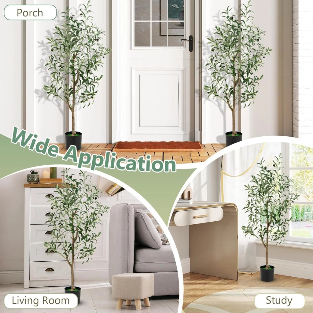 Set di 1/2 alberi di ulivo artificiali, pianta falsa da 130 cm con foglie e frutti realistici, tronco resistente in PE e base stabile, pianta decorativa per interni ed esterni (2)