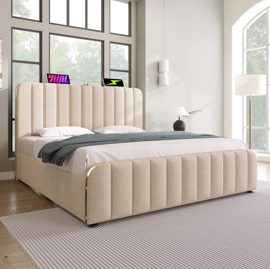 Letto matrimoniale imbottito 180x200 cm in lino beige con contenitore; USB e porta Type-C