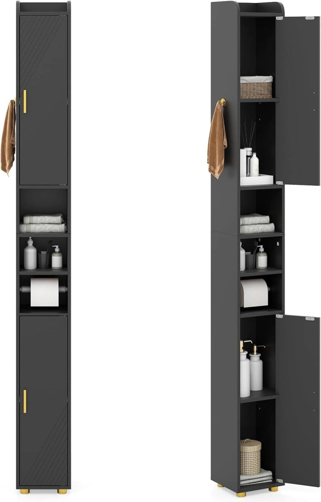 Armadietto da bagno da 179 cm, con 2 ante, 3 ripiani aperti, ganci e porta carta igienica, 20 x 20 cm, per ufficio, cucina e corridoio (3 ripiani, nero)
