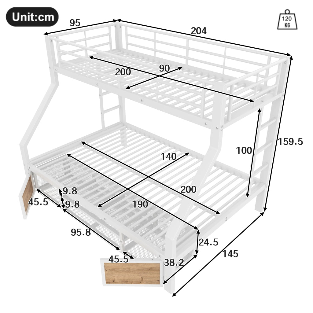 DESMIU Letto a castello per bambini 90 × 200 cm e 140 × 200 cm con scarpiera e vani, senza materasso, bianco