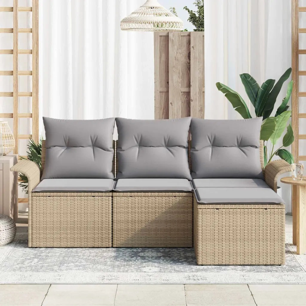Set Divano da Giardino con cuscino 4 pz | Set Salotto da Giardino Beige Poly Rattan