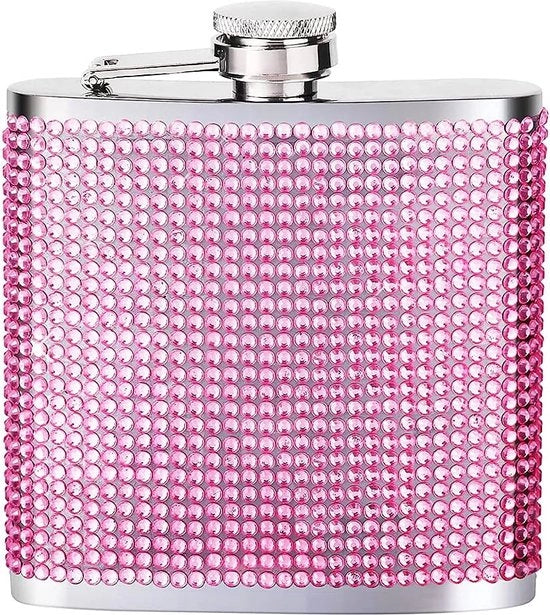 Fiaschetta in acciaio inossidabile, fiaschetta glitter, fiaschetta portatile, 180 ml (6 oz) senza boccata staccabile, fiaschetta mini con diamanti per donne per camminare, arrampicare, campeggiare (rosa)