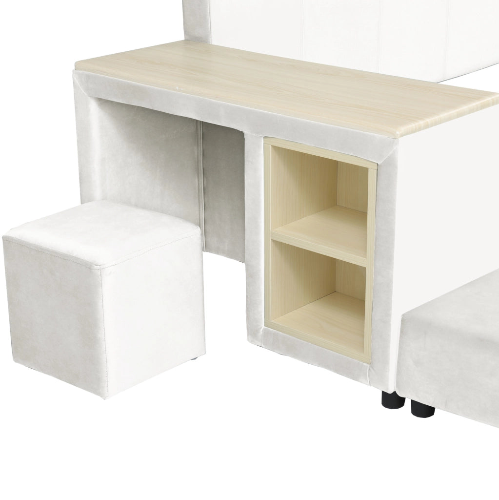 Letto imbottito 140x200 cm con scrivania; sgabello e ripiano in velluto bianco