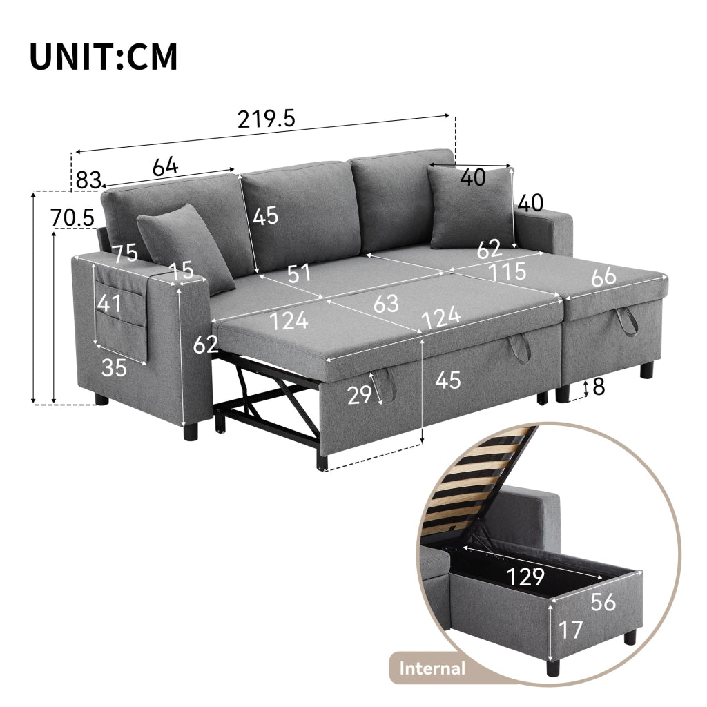 DIVANO LETTO Angolare reversibile 219,5x142,5x83 cm Lino Grigio Scuro con 2 cuscini