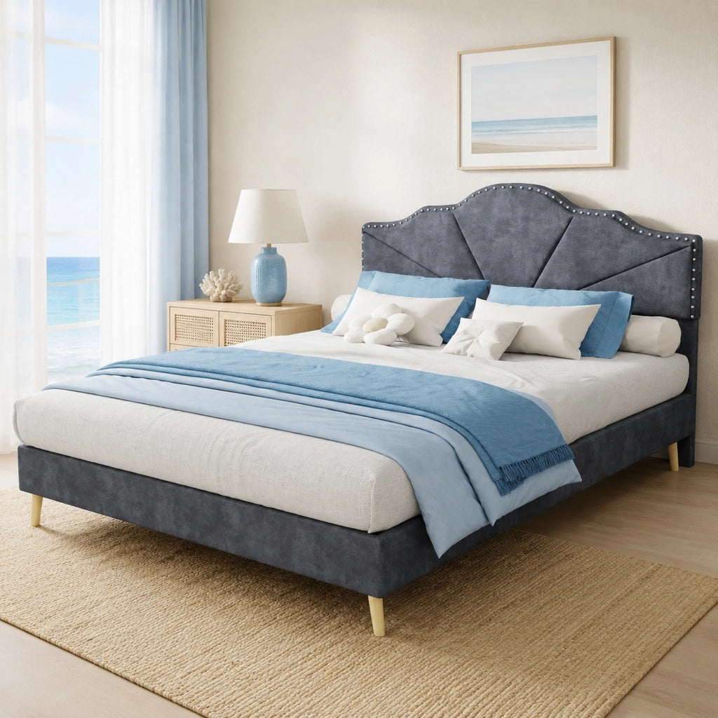 Letto matrimoniale imbottito con testiera geometrica 140x200 cm; grigio