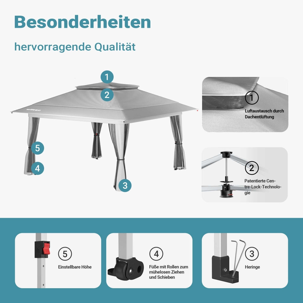 Gazebo pieghevole con zanzariera, grigio chiaro 4 x 4 m, impermeabile, UV 50+, Tendone per feste