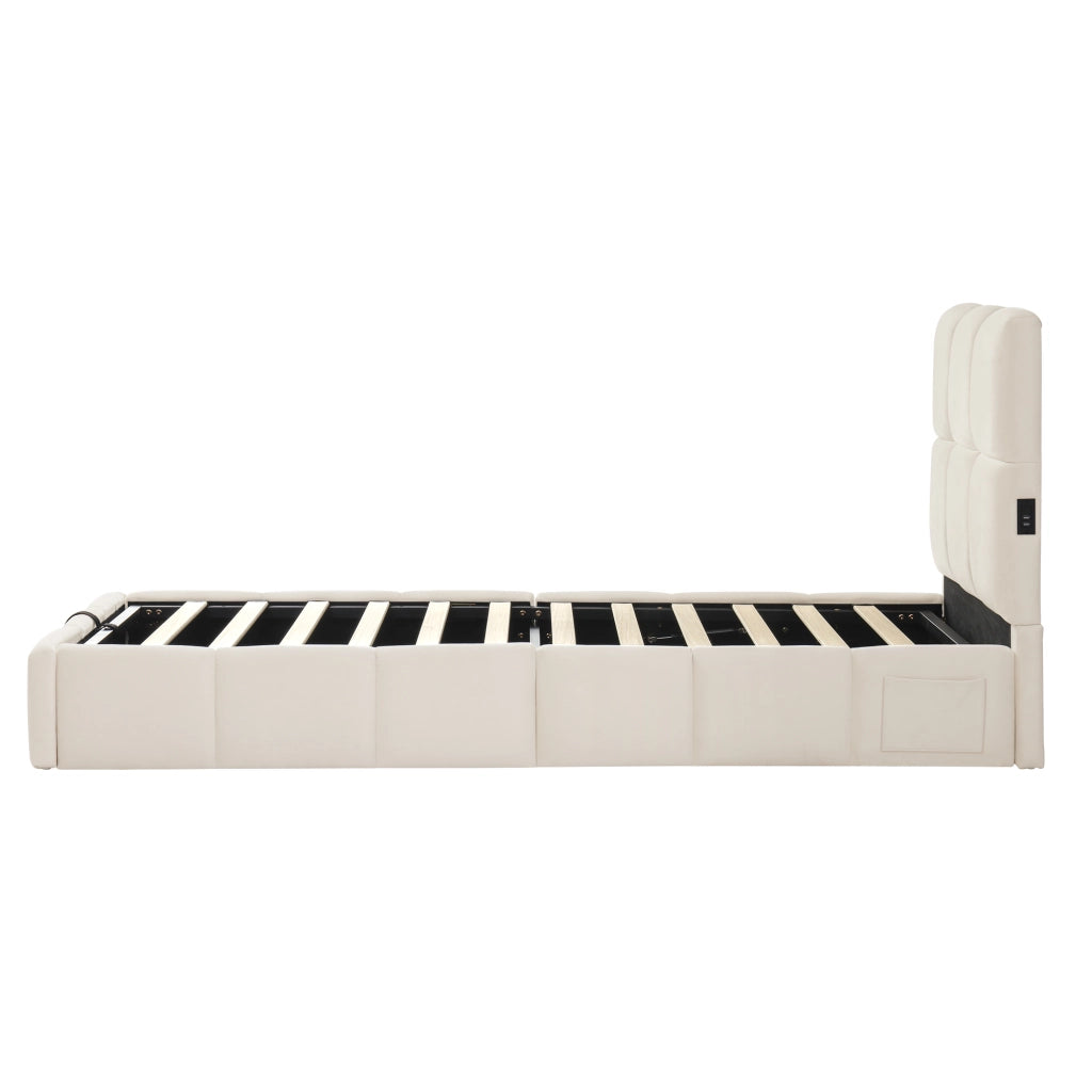 Letto Singolo 90 x 200 cm con Contenitore; USB e Type-C; in Velluto Beige