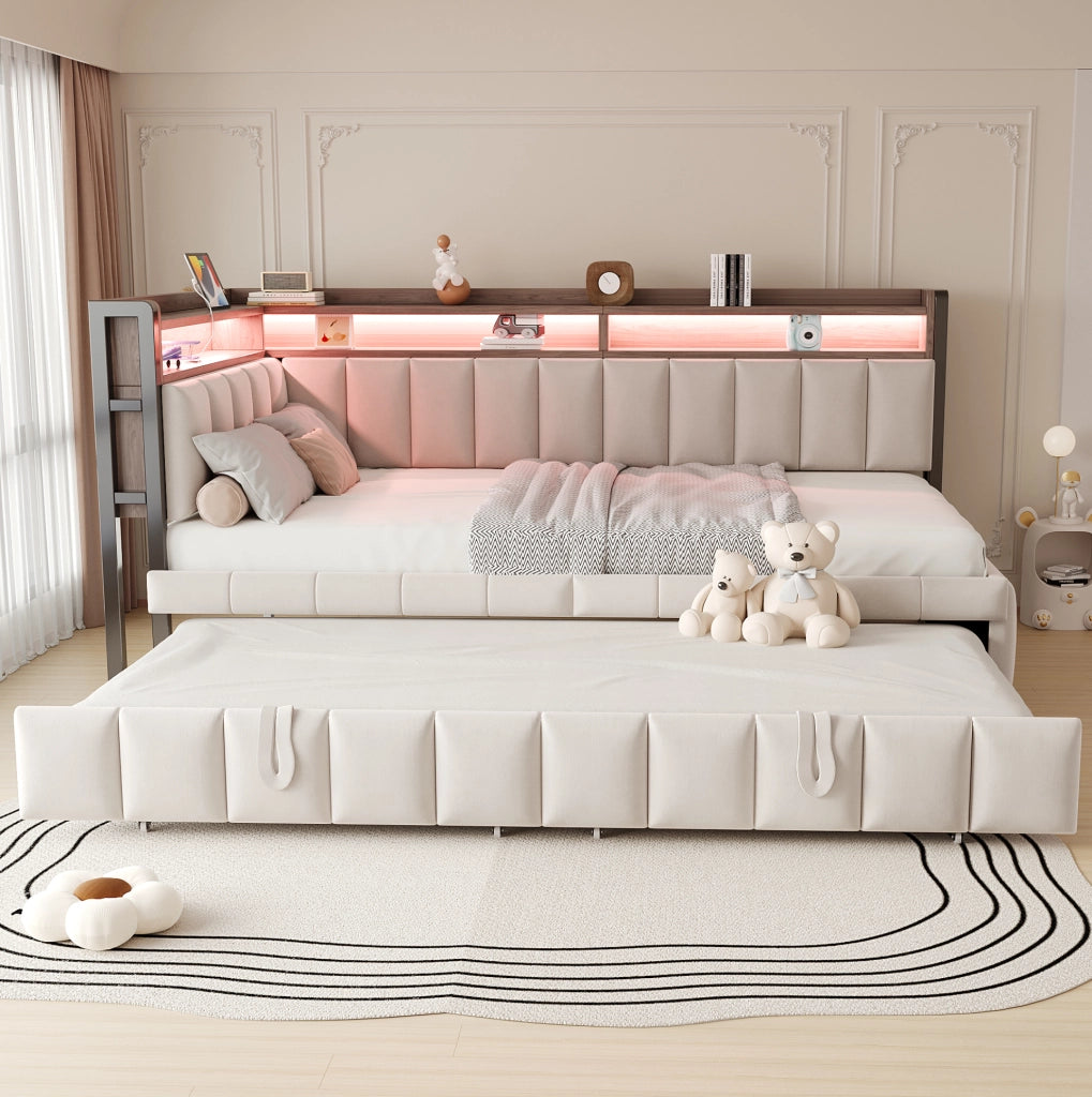 Divano letto angolare estraibile 90x200 cm in velluto beige con LED; USB e Type-C