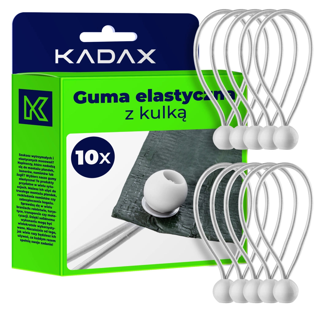 Set di 10 elastici con sfere KADAX per il fissaggio di teloni. Elastici per teloni da 15 cm, resistenti.