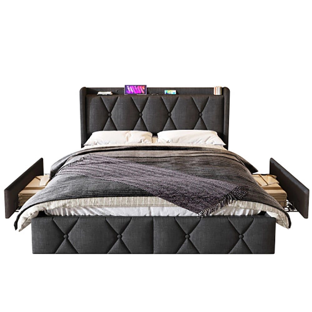 Letto adulto con testiera USB - Xylo - 140x200 cm grigio - 4 cassetti