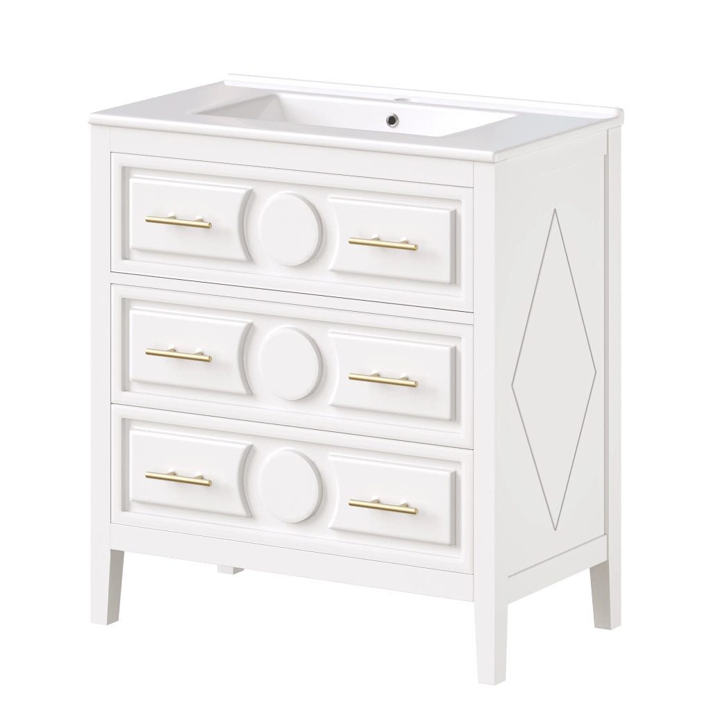Mobile da Bagno con Lavabo in Ceramica e 3 Cassetti ¨C MINIMAL ¨C Bianco 81x46,5cm