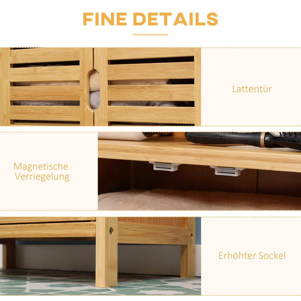Mobiletto da bagno in bamb¨´, mobile base con ante a doghe, dispositivo antiribaltamento in stile rustico, mobiletto versatile e multifunzionale.