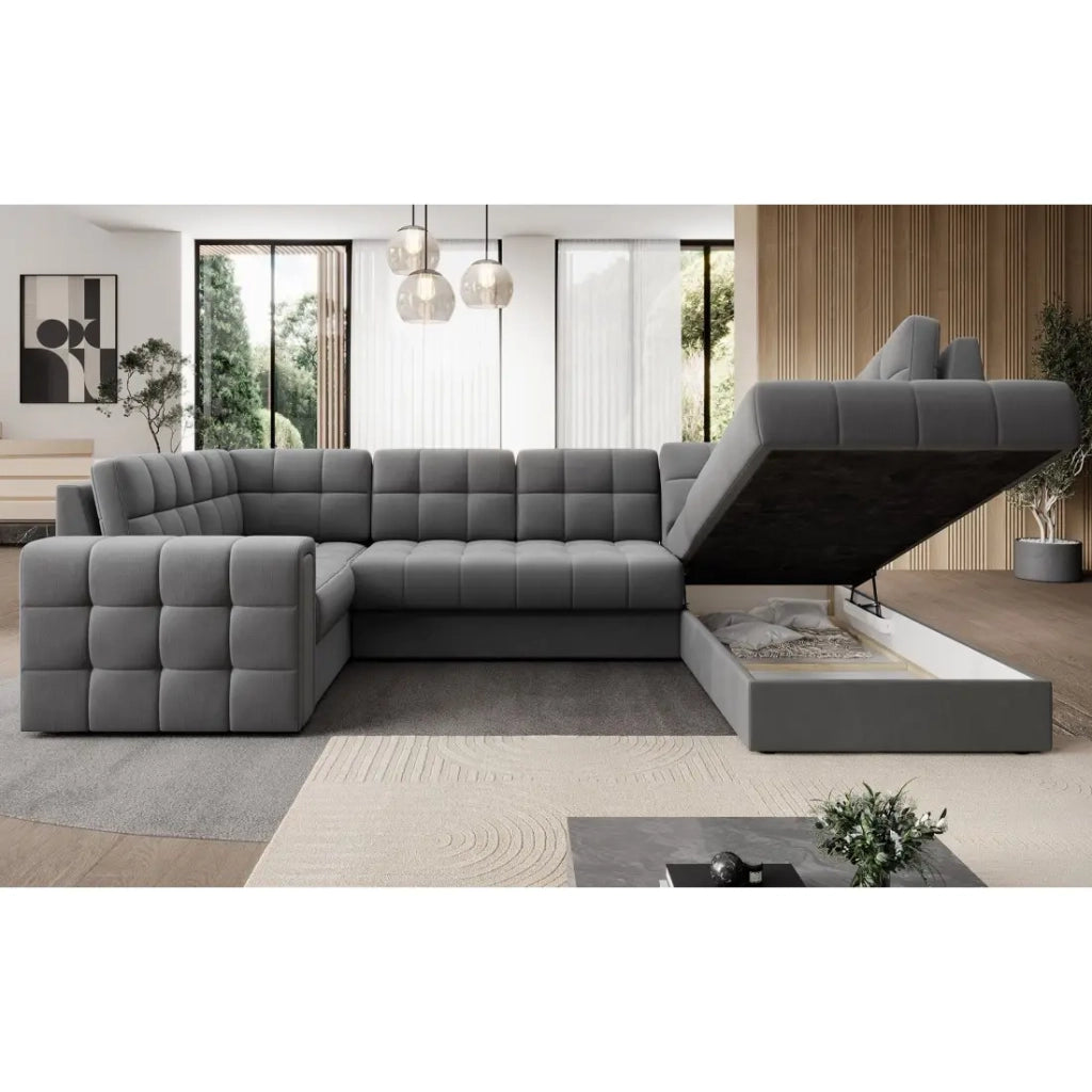 Divano angolare convertibile MONTEZA grigio 299 cm con contenitore e letto