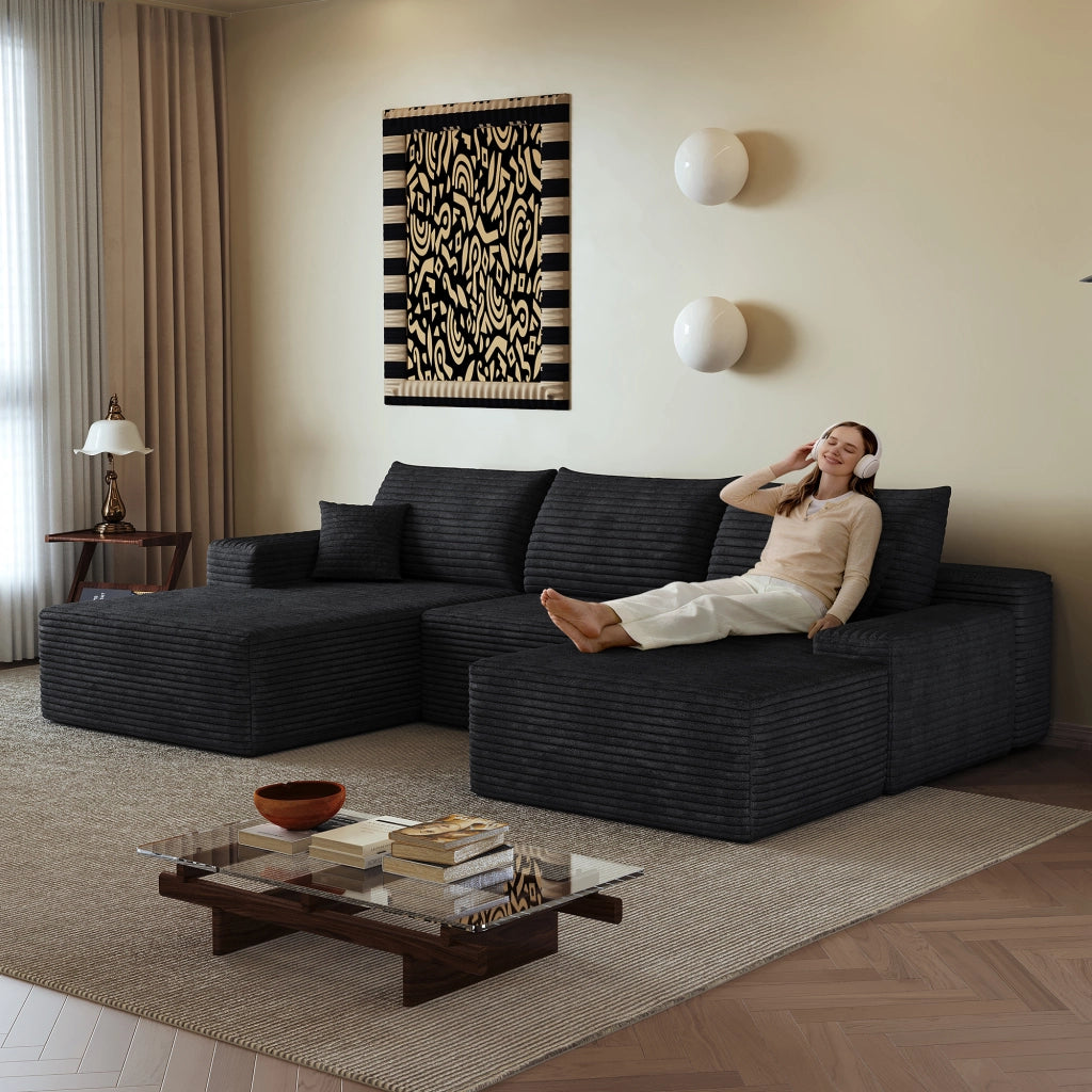 Divano angolare modulare in tessuto a coste con seduta profonda e schiuma elastica nero 270 × 175 × 83 cm