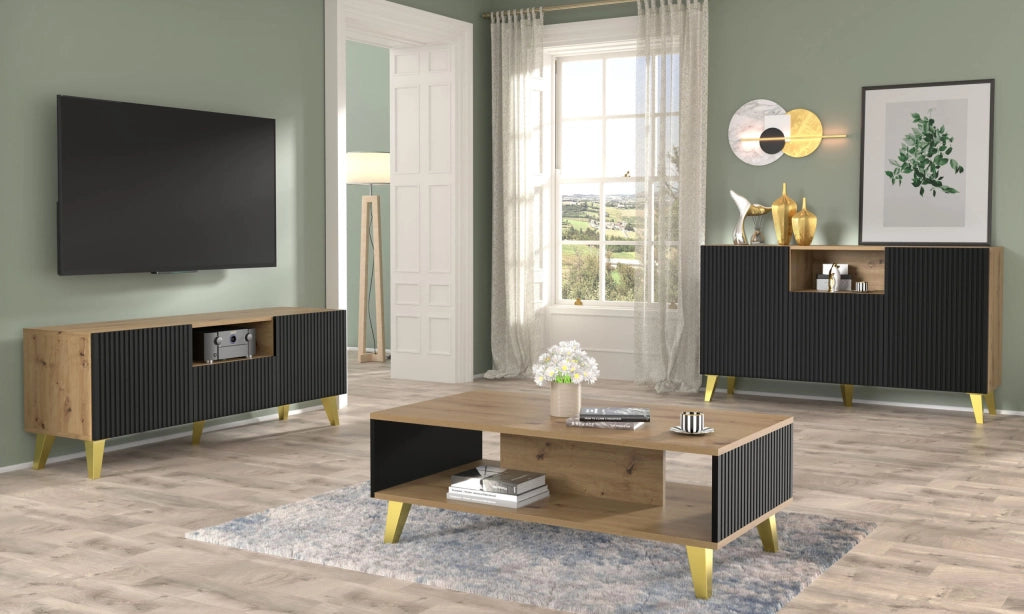 MOBILE RAVENNA PB PORTA TV IN MDF RIVESTITO IN FOGLIO 150 2D1S ROVERE ARTIGIANALE NERO OPACO GAMBE DORATE
