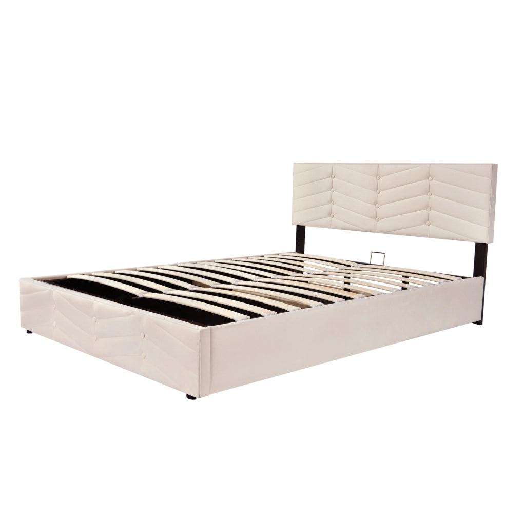 Letto imbottito 140x200 cm in velluto beige con rete a doghe