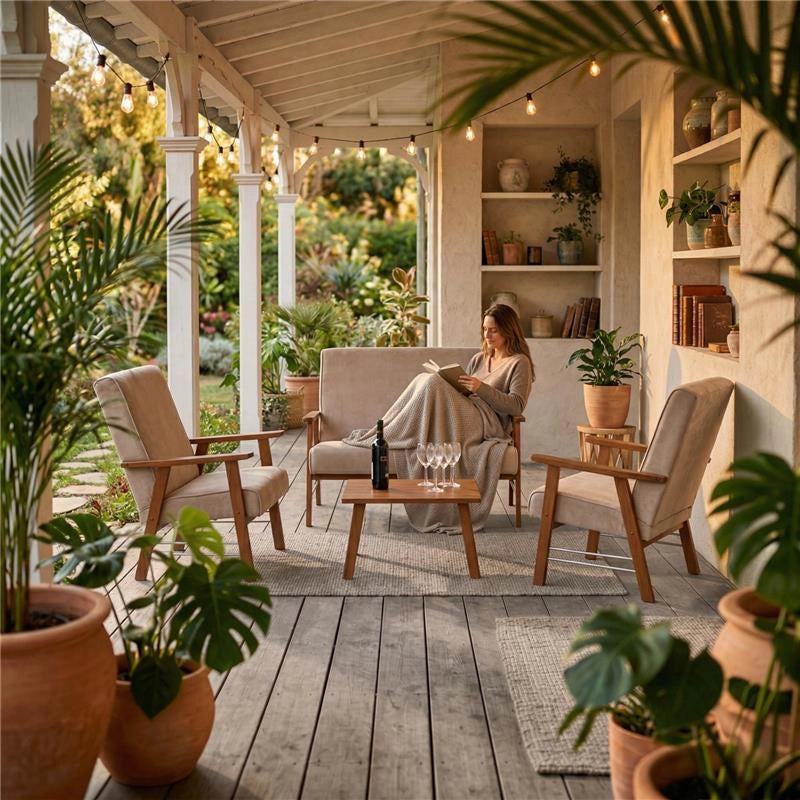 SET SALOTTO DA GIARDINO CON DIVANO, 2 POLTRONE + TAVOLINO IN LEGNO TABACCO E TESSUTO COLORE BEIGE