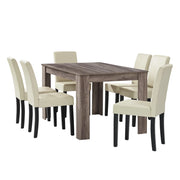 Tavolo da pranzo antico in rovere con 6 sedie rivestite in similpelle color crema 140x90 cm 03_0004071
