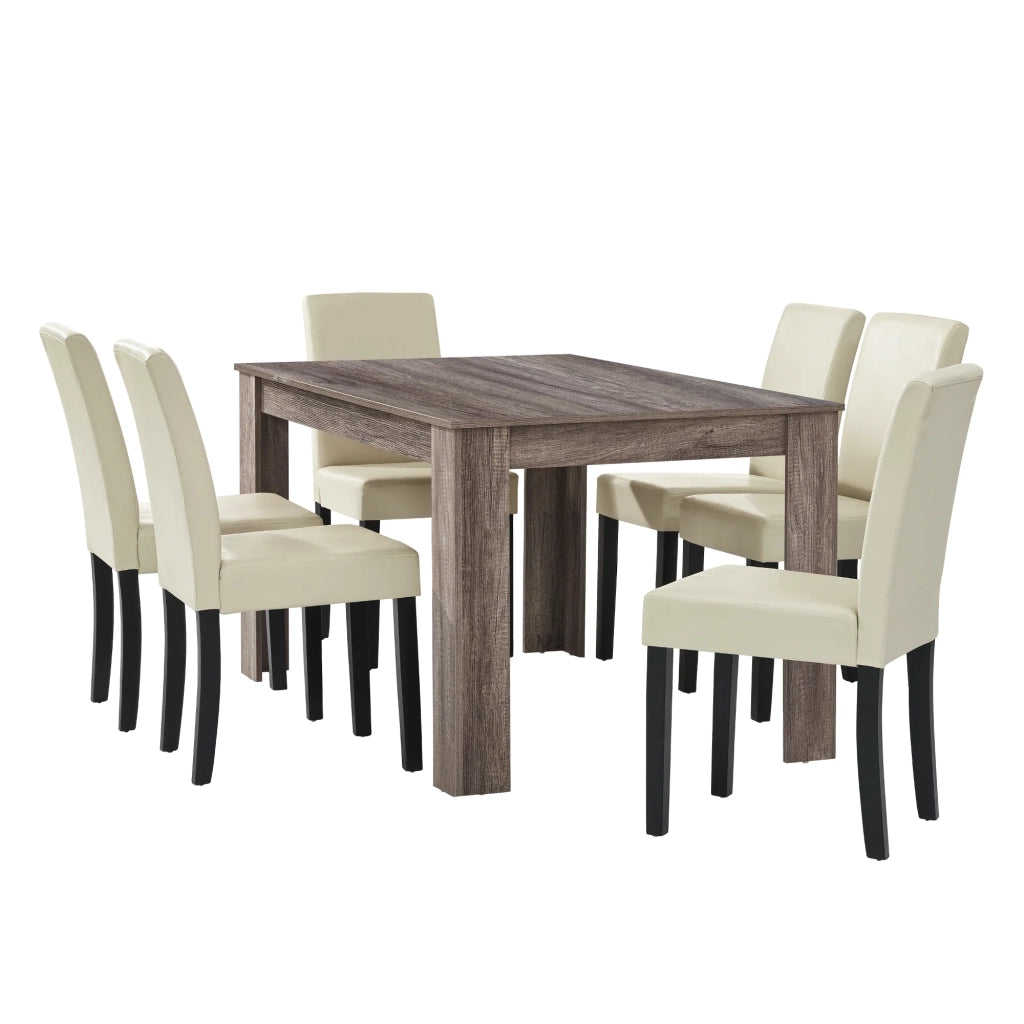 Tavolo da pranzo antico in rovere con 6 sedie rivestite in similpelle color crema 140x90 cm 03_0004071