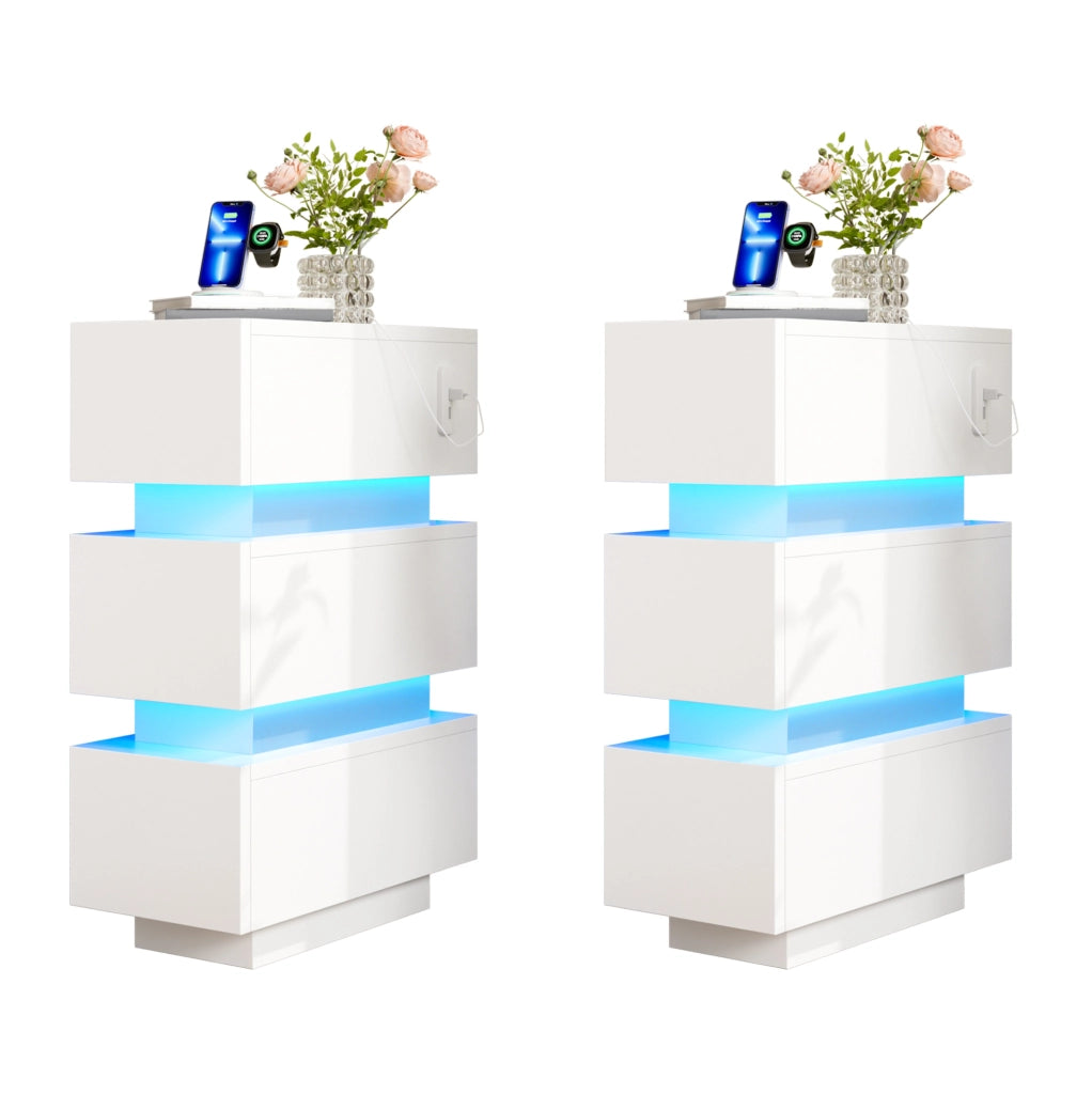 Set di 2 comodini stretti con LED; USB e Type-C; 3 cassetti; 20x40x59;5 cm; bianco