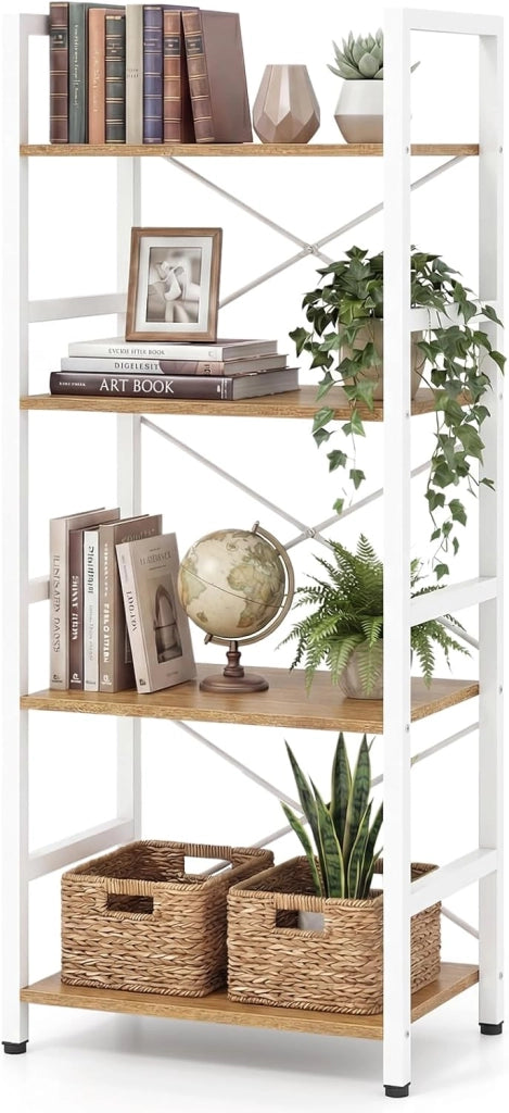 Libreria a 4 Ripiani, Scaffale Portaoggetti con Struttura in Metallo, con Ripiani Aperti e Design Anti-caduta, per Soggiorno Ufficio Casa, 41,5x27,5x100 cm (Naturale)