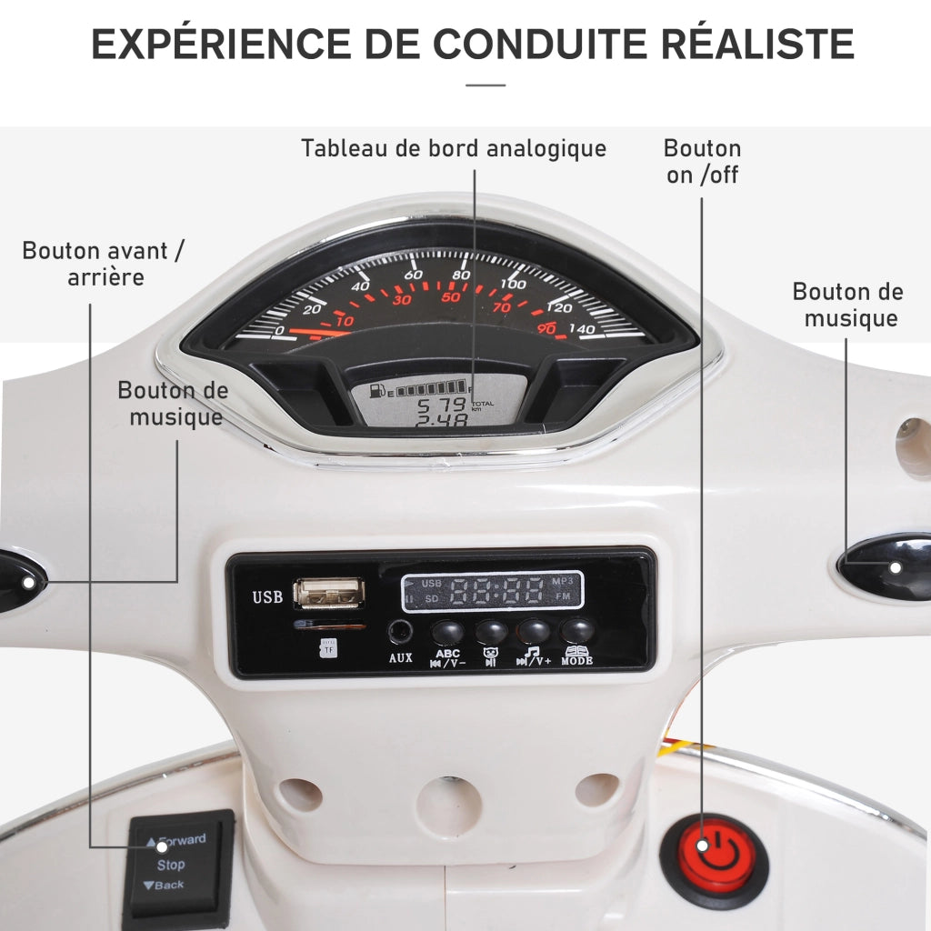 Scooter Elettrico Vespa per Bambini ¨C zephmum ¨C Bianco 102x51x76 cm