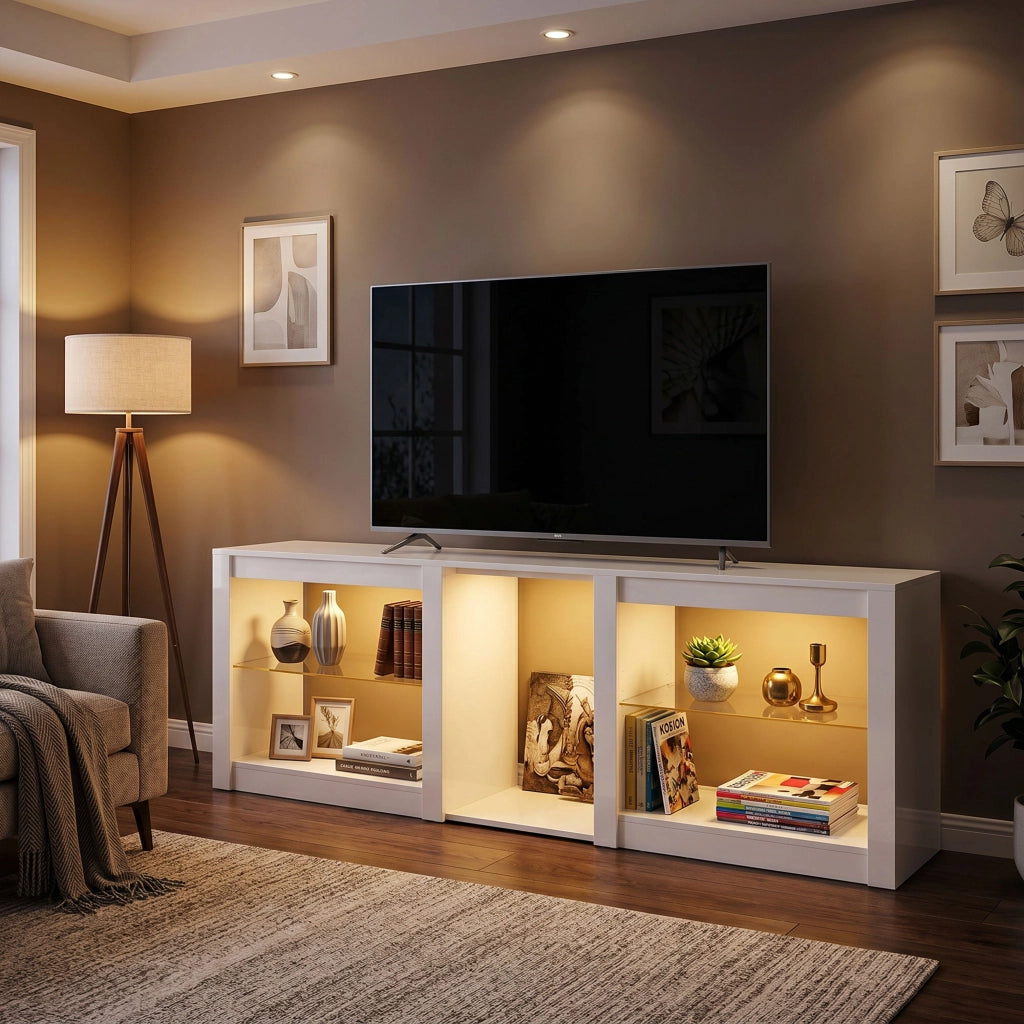 Mobile TV con Illuminazione LED RGB ¨C Xylo ¨C Bianco, Ripiani in Vetro Regolabili, fino a 75 Pollici