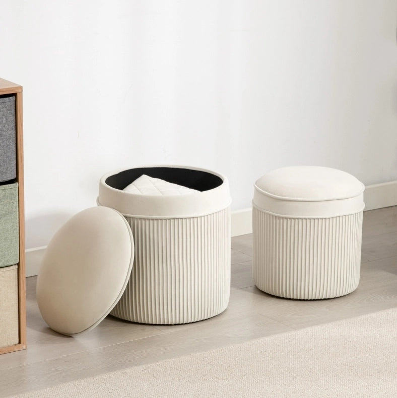 Set di 2 pouf contenitore rotondi crema 36x36x41,5 cm con vano portaoggetti