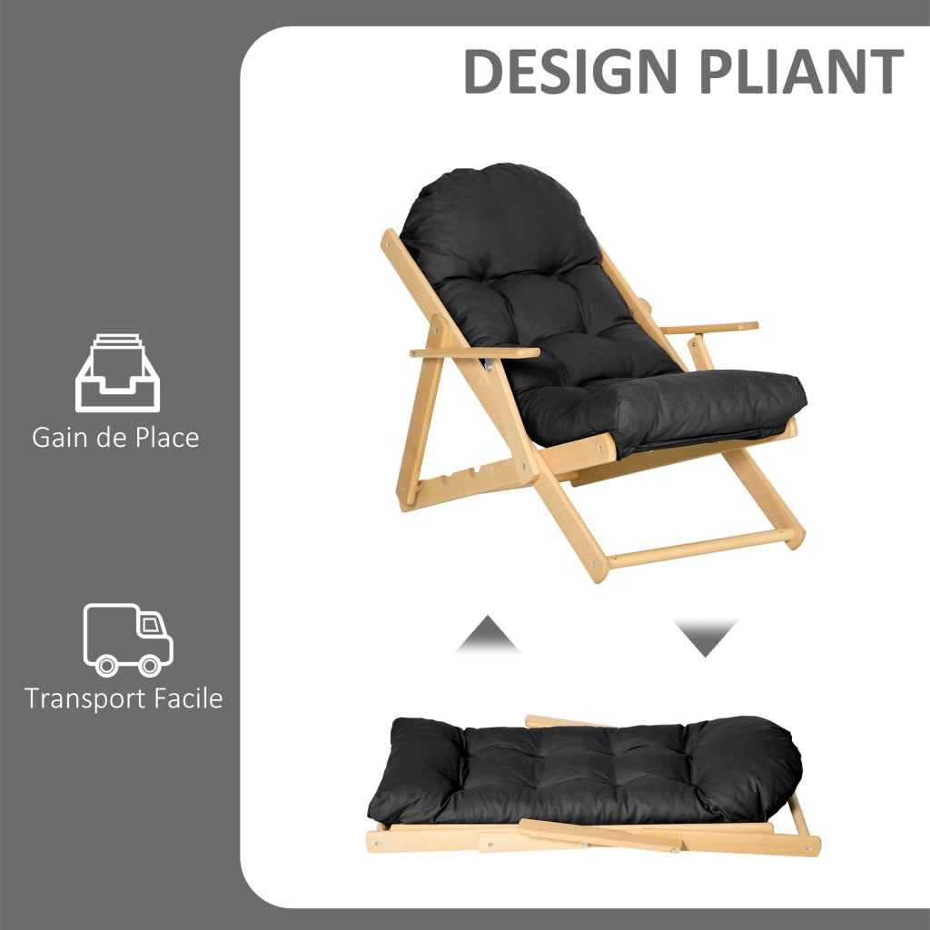 Poltrona Relax Reclinabile Pieghevole in Legno ¨C Minimal ¨C Grigio Scuro con Cuscino
