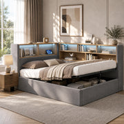 Daybed con contenitore idraulico, LED e USB, 140x190 cm, velluto grigio