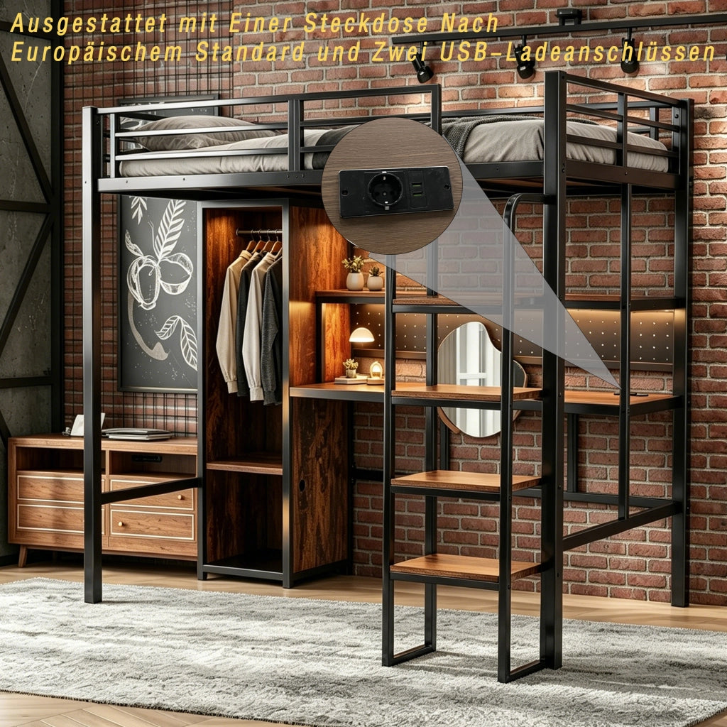 Letto a soppalco in metallo con scala, scrivania e armadio, 90x200 cm, nero
