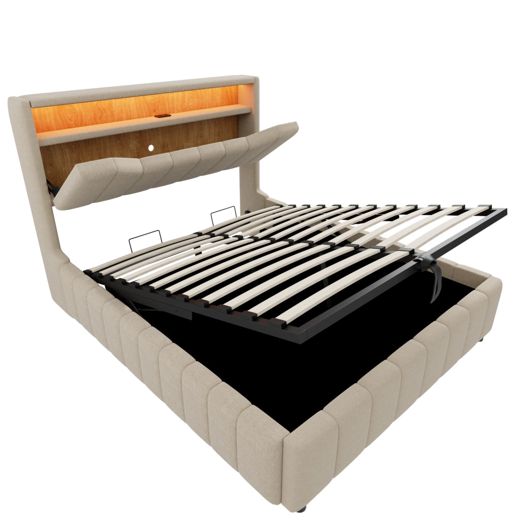 Letto 140x200 cm con contenitore idraulico, LED, USB e USB-C in tessuto beige