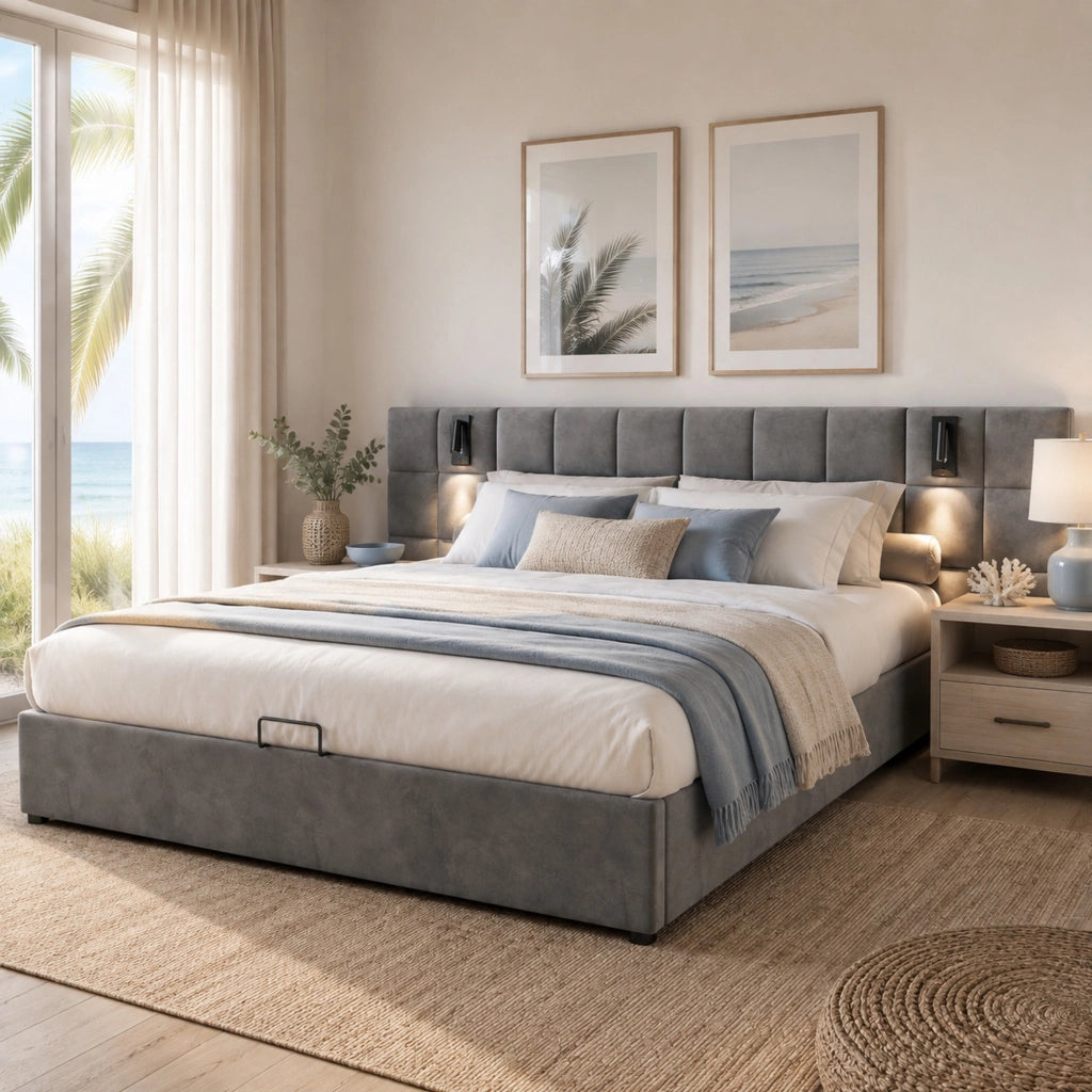 Letto imbottito matrimoniale 160x200 cm grigio con contenitore, lampada da lettura e porta USB