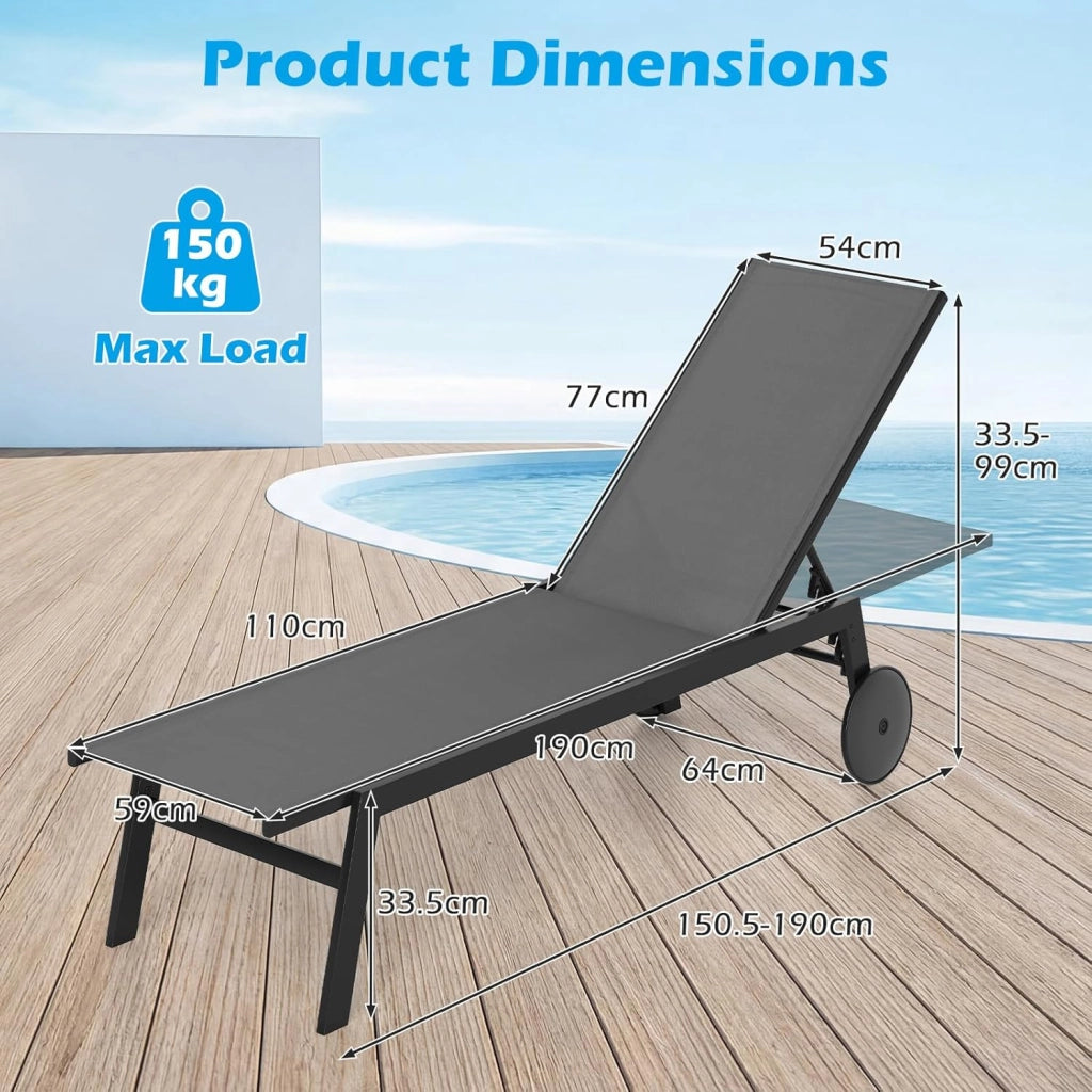 Set di 2 Sdraio da Giardino Reclinabili, Sedia da Abbronzatura Piatta in Metallo Resistente con Schienale 6 Posizioni e Tessuto Traspirante, per Bordo Piscina e Terrazza (Grigio,2)
