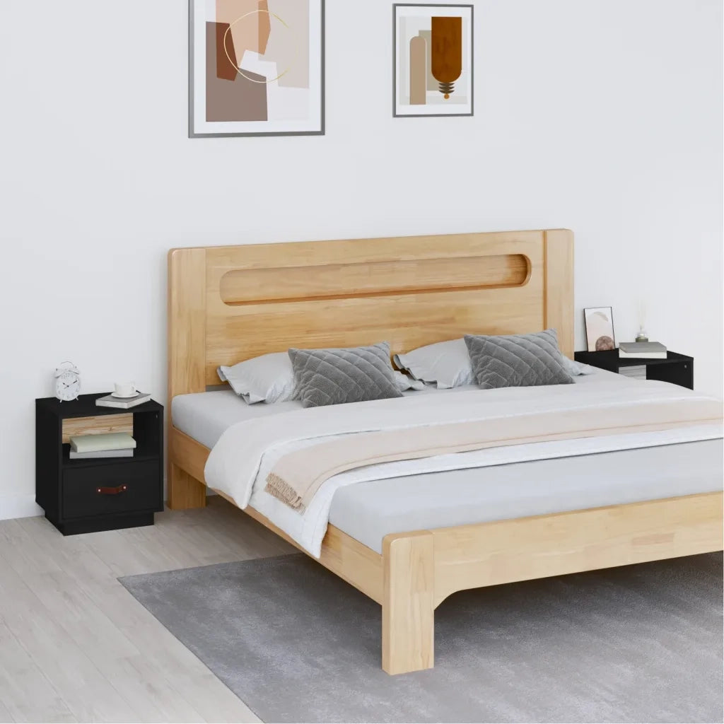 Comodini Nero 2 pz 40x34x45 cm in Legno Massello di Pino 818304