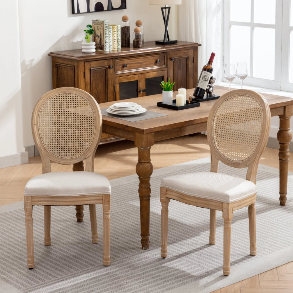 Sedie da Pranzo in Legno Massello e Rattan con Seduta in Lino ¨C MINIMAL ¨C Beige, Set 2 Pezzi