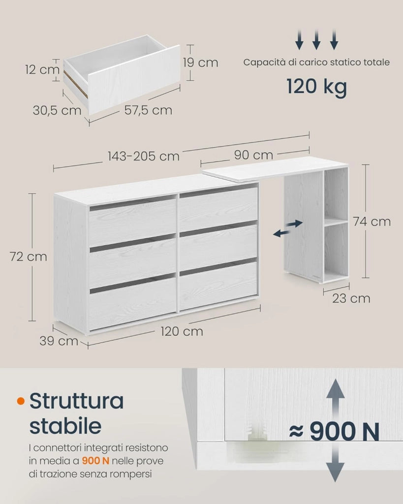 SONGMICS HOME Tavolo da Trucco, Montaggio Rapido Senza Attrezzi Toolless, Cassettiera, Armadio con Scaffale, Affiancati o a Forma di L, per Camera da Letto, Studio, Bianco Neve LTS656W01