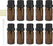 Set di 10 flaconi in vetro color ambra da 5 ml con coperchio nero e siringa - con etichette