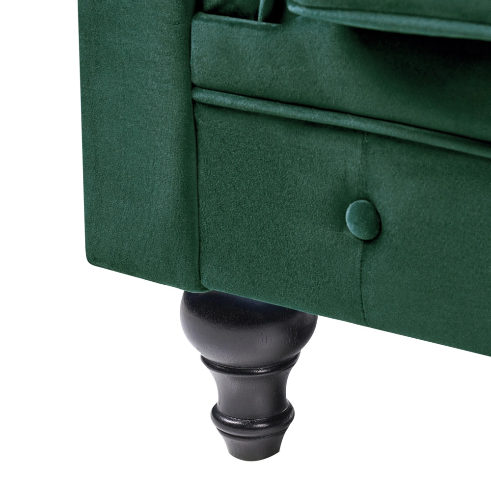 Divano Chesterfield Tessuto Velluto Verde Rivestimento Gambe In Legno Scuro 3 Posti Contemporaneo
