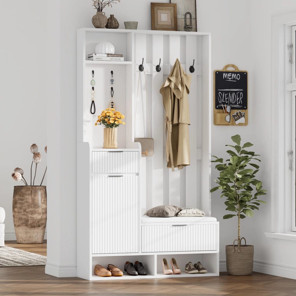 Mobile da Ingresso con 8 Ganci; 2 Cassetti; 1 Armadio; 4 Vani Aperti e Panchina per Scarpe; in Truciolare; 100 × 30 × 180 cm; Bianco