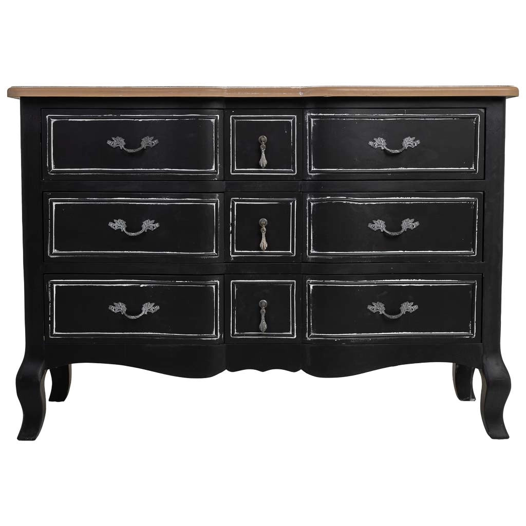 Comò in legno laccato nero invecchiato con 9 cassetti 120x51x84h cm