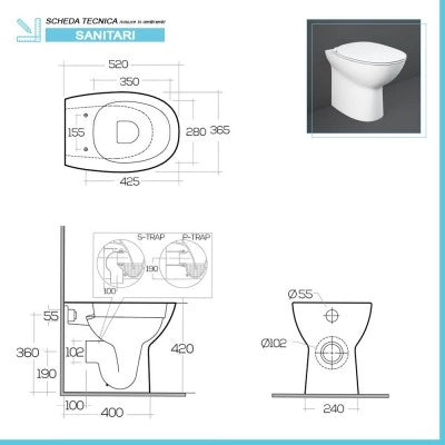 Sanitari filomuro Rimless Morning scarico universale e sedile soft-close