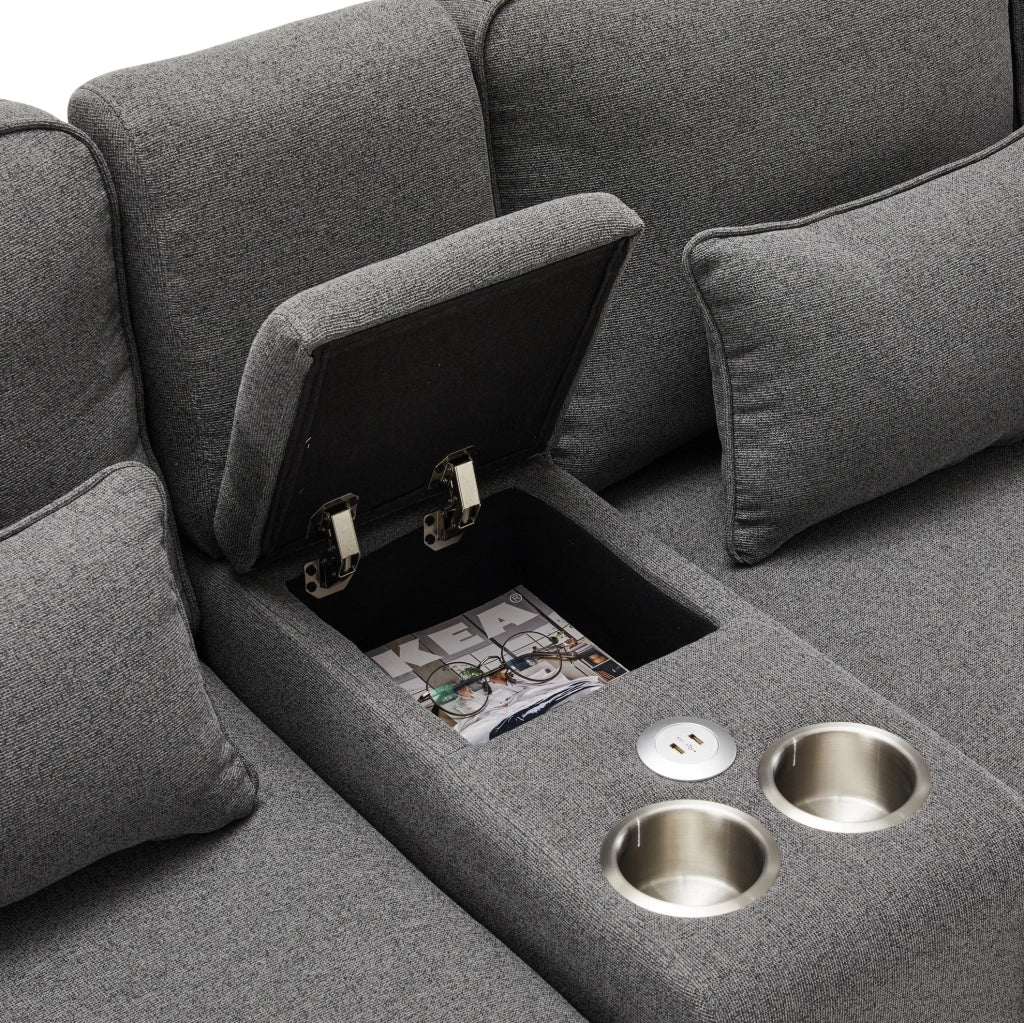 Divano 4 posti grigio scuro con USB, portabicchieri e console