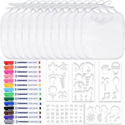 Set da disegno 12 pezzi, fogli di stoffa in cotone 20 * 24 cm, stampati a doppia faccia con 14 matite colorate per tessuto e 5 stencil per feste di baby shower.