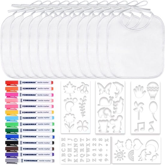 Set da disegno 12 pezzi, fogli di stoffa in cotone 20 * 24 cm, stampati a doppia faccia con 14 matite colorate per tessuto e 5 stencil per feste di baby shower.