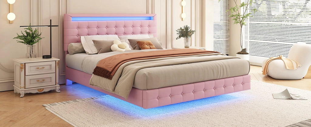 DESMIU Letto Matrimoniale 2 Posti con LED Regolabile e Testiera Regolabile, 140 × 200 cm, Senza Materasso, Rosa