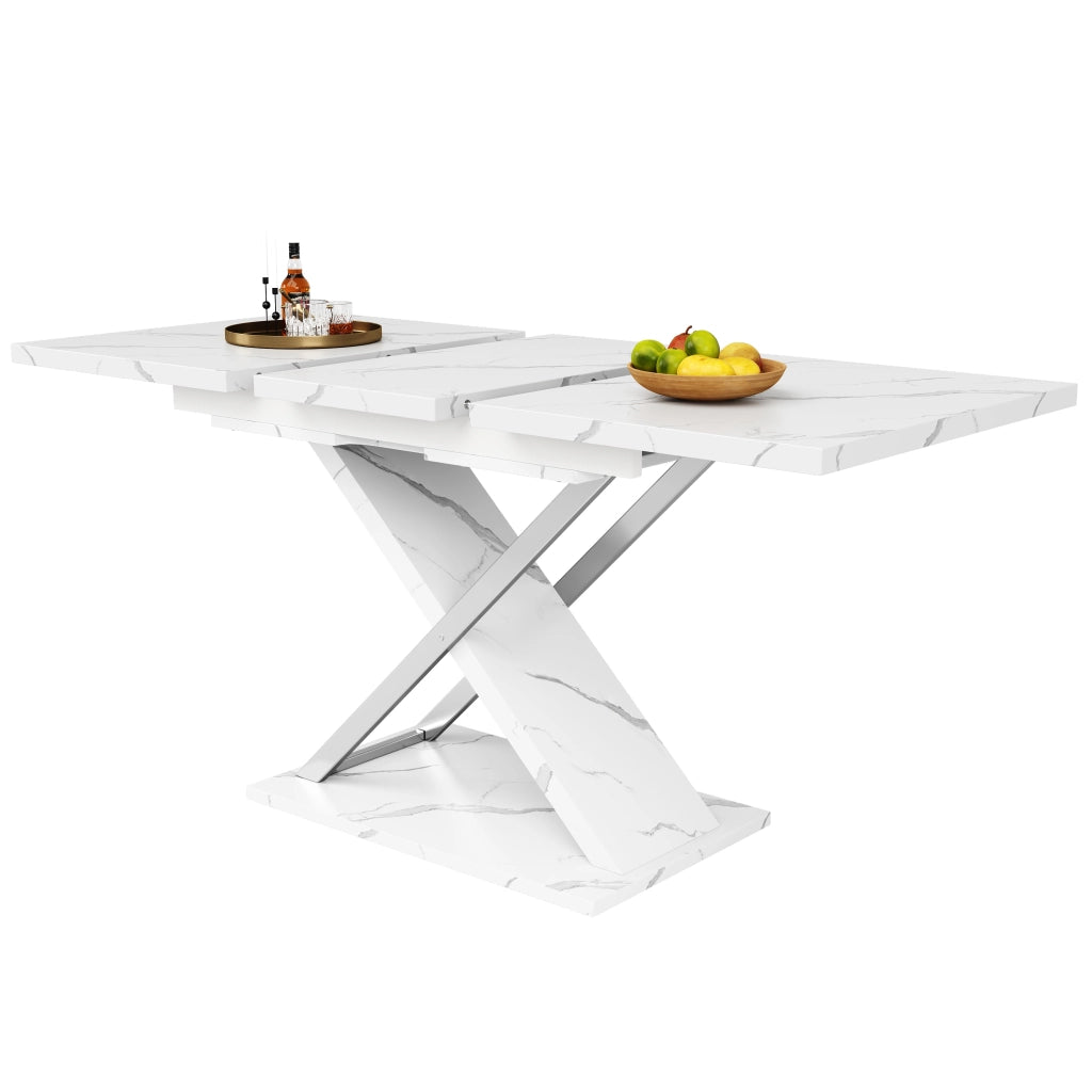 Tavolo da pranzo allungabile in MDF con motivo marmo e gambe incrociate per cucina e soggiorno per 6-8 persone